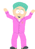 a cartoon character with green hair is wearing a pink pajama suit