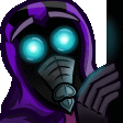 a cartoon of a person wearing a gas mask and a purple hood .