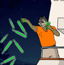 a cartoon of a squirrel standing on a balcony with glow in the dark sticks