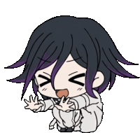 a chibi drawing of a person with purple hair making a funny face