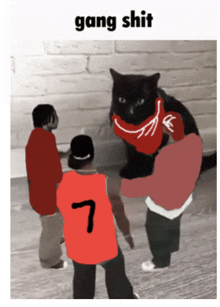 a black cat wearing a red bandana is surrounded by a group of people with the number 7 on their back