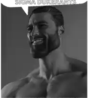 a man with a beard is smiling with a speech bubble above him that says sigma dukerants