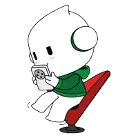 a cartoon character is sitting in a red chair holding a cell phone and wearing headphones .