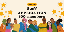 a poster for staff application 100 members shows a group of people hugging each other