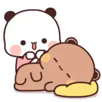 a panda bear is laying on top of another bear