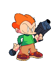 a cartoon character holding a microphone and a gun