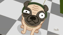 a cartoon pug wearing headphones and a green headband