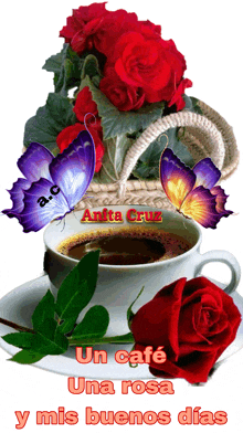 a cup of coffee sits on a saucer next to red roses