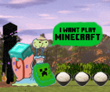 a cartoon scene with a speech bubble that says ' i want play minecraft '