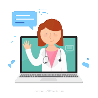 a cartoon illustration of a female doctor on a laptop