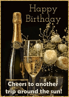 a birthday card with a bottle of champagne and two glasses