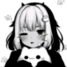 a black and white drawing of a girl with cat ears holding a stuffed animal .