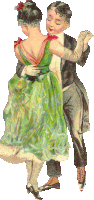 a man in a tuxedo and a woman in a green dress dancing