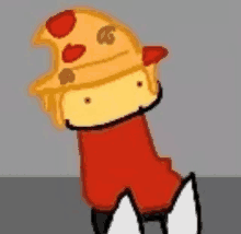 a cartoon character with a slice of pizza on its head and ears .