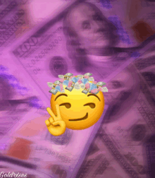 a smiley face is giving a peace sign in front of a stack of 100 dollar bills