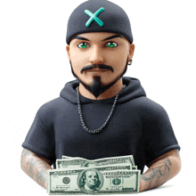 a man wearing a black hoodie and a hat with an x on it is holding a bunch of 100 dollar bills