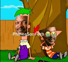 phineas and ferb are sitting under a tree with their faces cut out of them