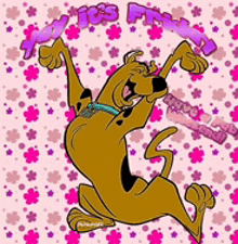 scooby doo is dancing on a pink background with purple flowers