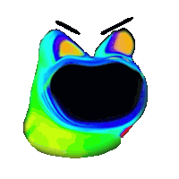 a rainbow colored frog with a black mouth and ears