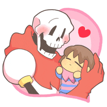 a cartoon drawing of papyrus holding a child with a heart in the background