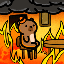 a cartoon drawing of a bear sitting in a chair in front of a fire