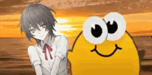 a girl is smiling next to a smiley face
