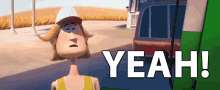 a cartoon character says yeah in front of a green bus