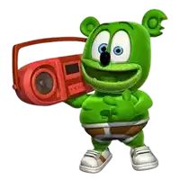 a green gummy bear is holding a red boombox and giving a thumbs up