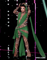 a drag queen is wearing a green and leopard print dress .
