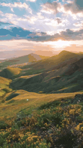 a painting of a sunset over a hillside