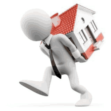 a 3d man is carrying a model house on his back