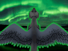 a drawing of a bird with its wings spread in front of the northern lights