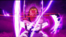 roronoa zoro from one piece is holding two swords in a purple background