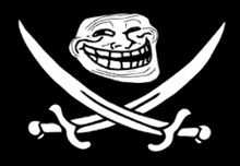 a troll face with two crossed swords on a black background .