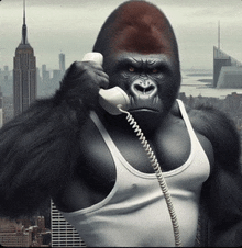 a gorilla in a white tank top talking on a phone