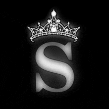 the letter s is surrounded by a crown of diamonds on a black background .