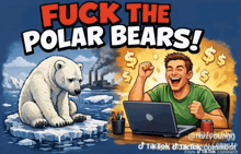 a cartoon of a polar bear sitting on ice next to a man using a laptop
