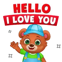 a teddy bear wearing overalls and a blue hat says hello and i love you
