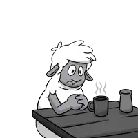 a cartoon of a sheep sitting at a table with two mugs of coffee