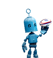 a blue robot is holding a rugby ball with o2 on it