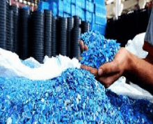 a person is holding a pile of blue plastic pieces .