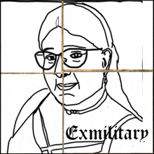 a black and white drawing of a woman with the word exmilitary underneath her