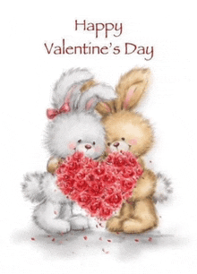 two bunny rabbits are hugging each other while holding a heart shaped bouquet of roses .