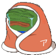 a cartoon of a green frog wrapped in an orange blanket with tears coming out of its eyes .