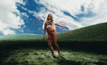 a woman with angel wings stands in a field