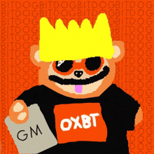 a cartoon drawing of a dog wearing a crown and a gm oxbt shirt