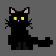 a pixel art of a black cat with pink ears and yellow eyes