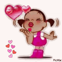 a cartoon girl is blowing a kiss with hearts flying around her .