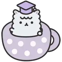 a cartoon drawing of a cat wearing a graduation cap in a cup