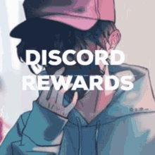 a man in a pink hat is talking on a cell phone with the words discord rewards above him .